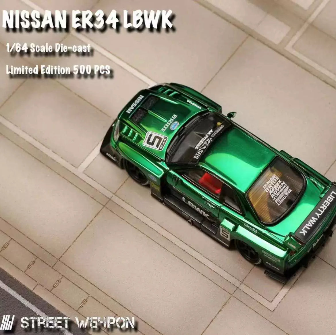 STREET WEAPON 1:64 NISSAN SKYLINE GT-R R34 LBWK - Green