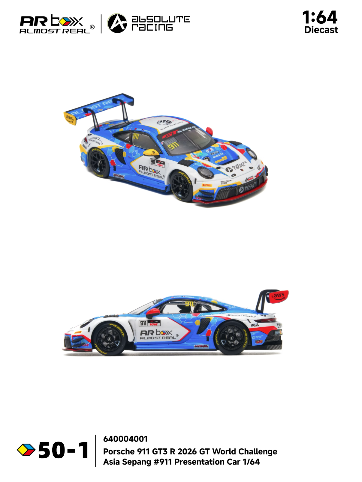 Almost Real ARBox Porsche 911 GT3 R 2026 GT World Challenge
Asia Sepang #911 Presentation Car 1/64