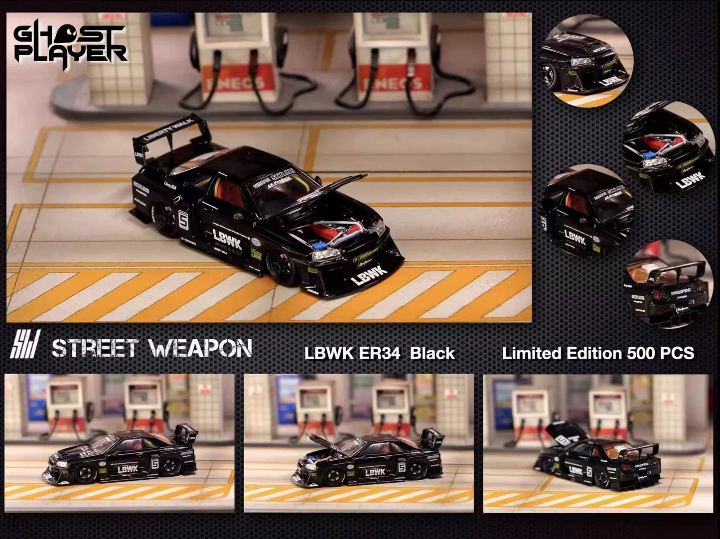STREET WEAPON 1/64 NISSAN SKYLINE GT-R R34 LBWK - Black