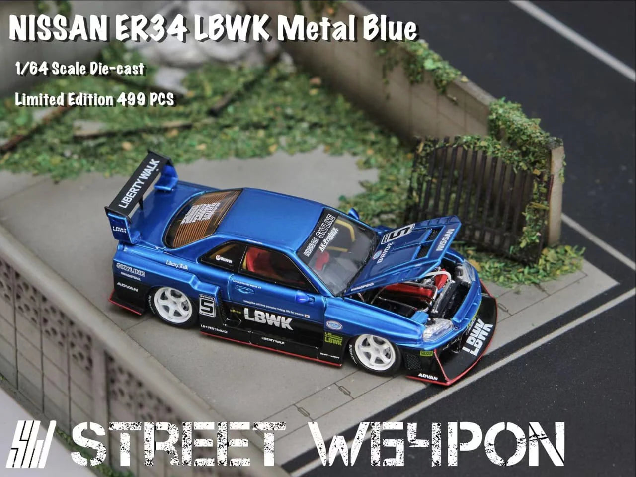 STREET WEAPON 1/64 NISSAN SKYLINE GT-R R34 LBWK - Metallic Blue