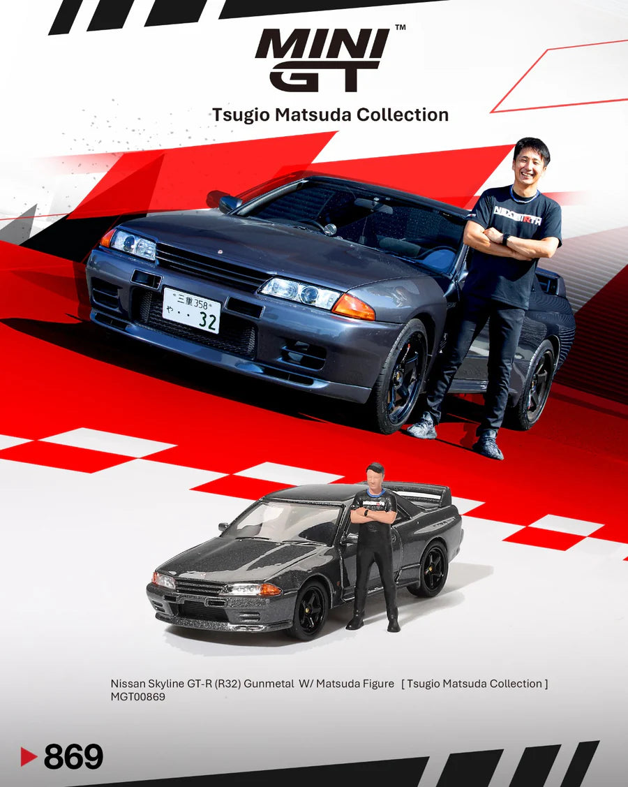 MINI GT 1:64 Nissan Skyline GT-R (R32) Nismo Gunmetal W/ Matsuda Figure Tsugio Matsuda Collection