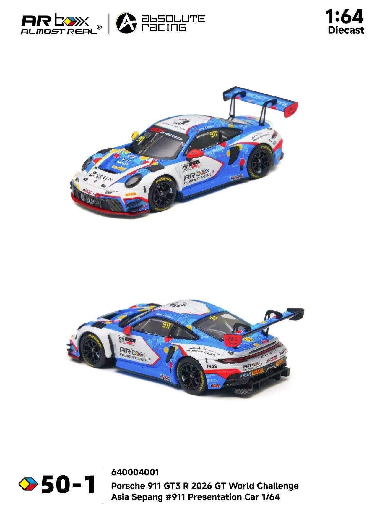 Almost Real ARBox Porsche 911 GT3 R 2026 GT World Challenge
Asia Sepang #911 Presentation Car 1/64
