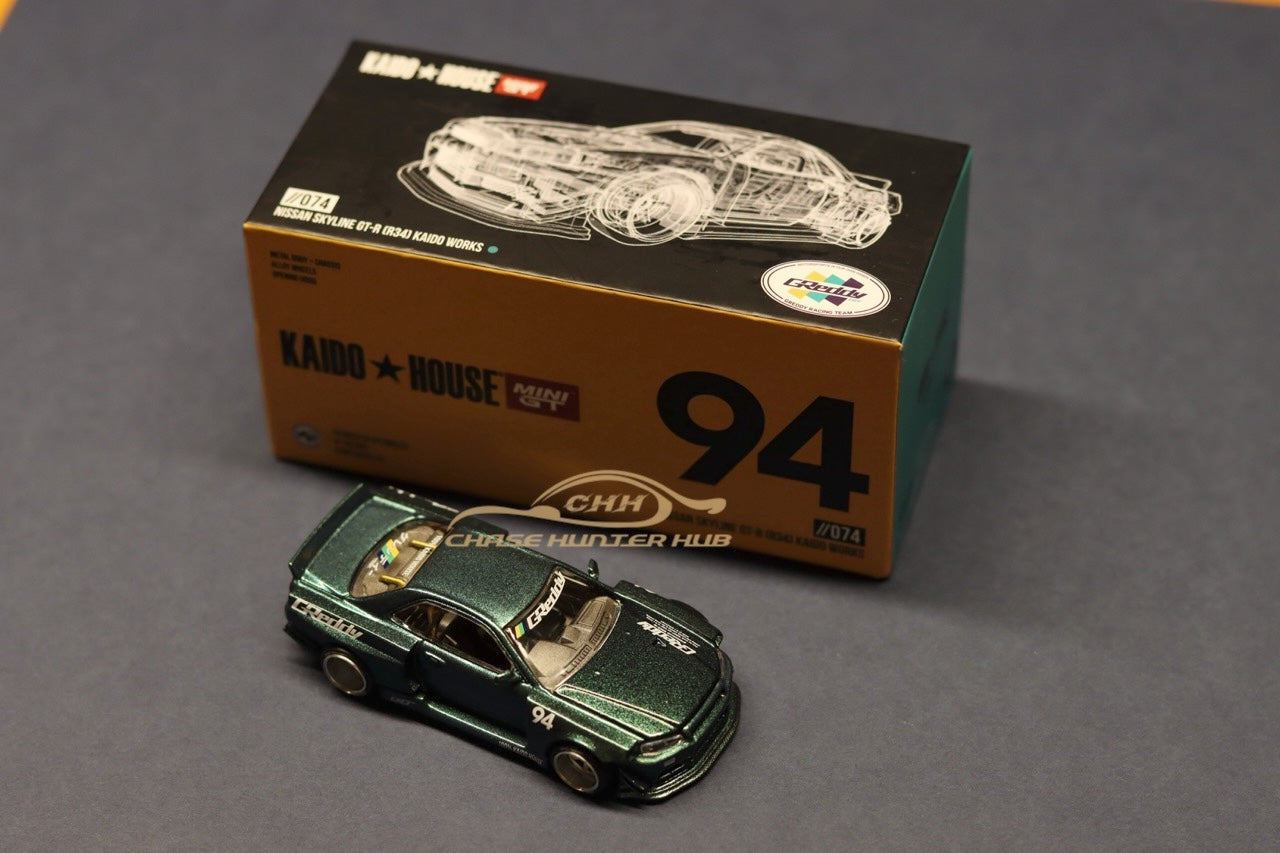 MINI GT x Kaido House #074 Nissan Skyline GT-R (R34) Kaido Works V1 Dark Green