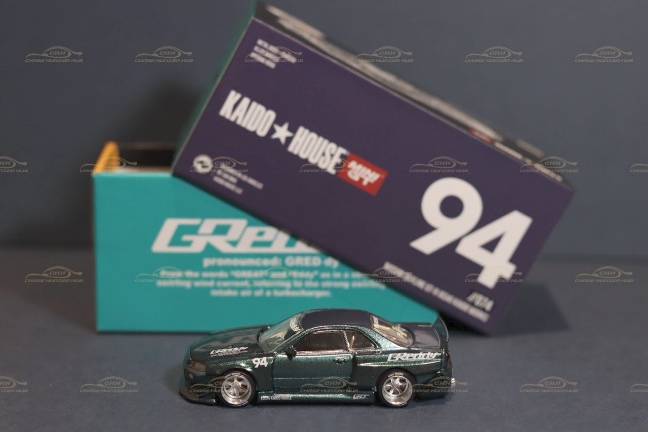 MINI GT x Kaido House #074 Nissan Skyline GT-R (R34) Kaido Works V1 Dark Green