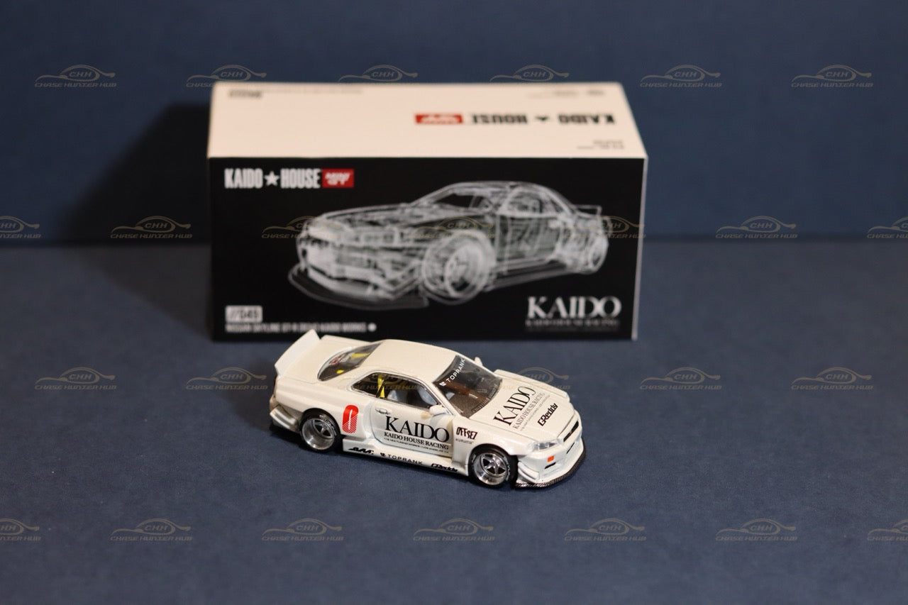 MINI GT x Kaido House #049 Nissan Skyline GT-R (R34) Kaido Works White