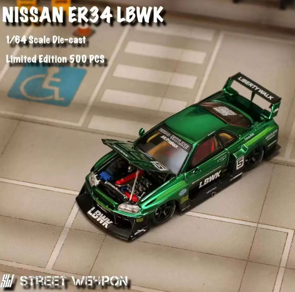 STREET WEAPON  1/64 NISSAN SKYLINE GT-R R34 LBWK - Green