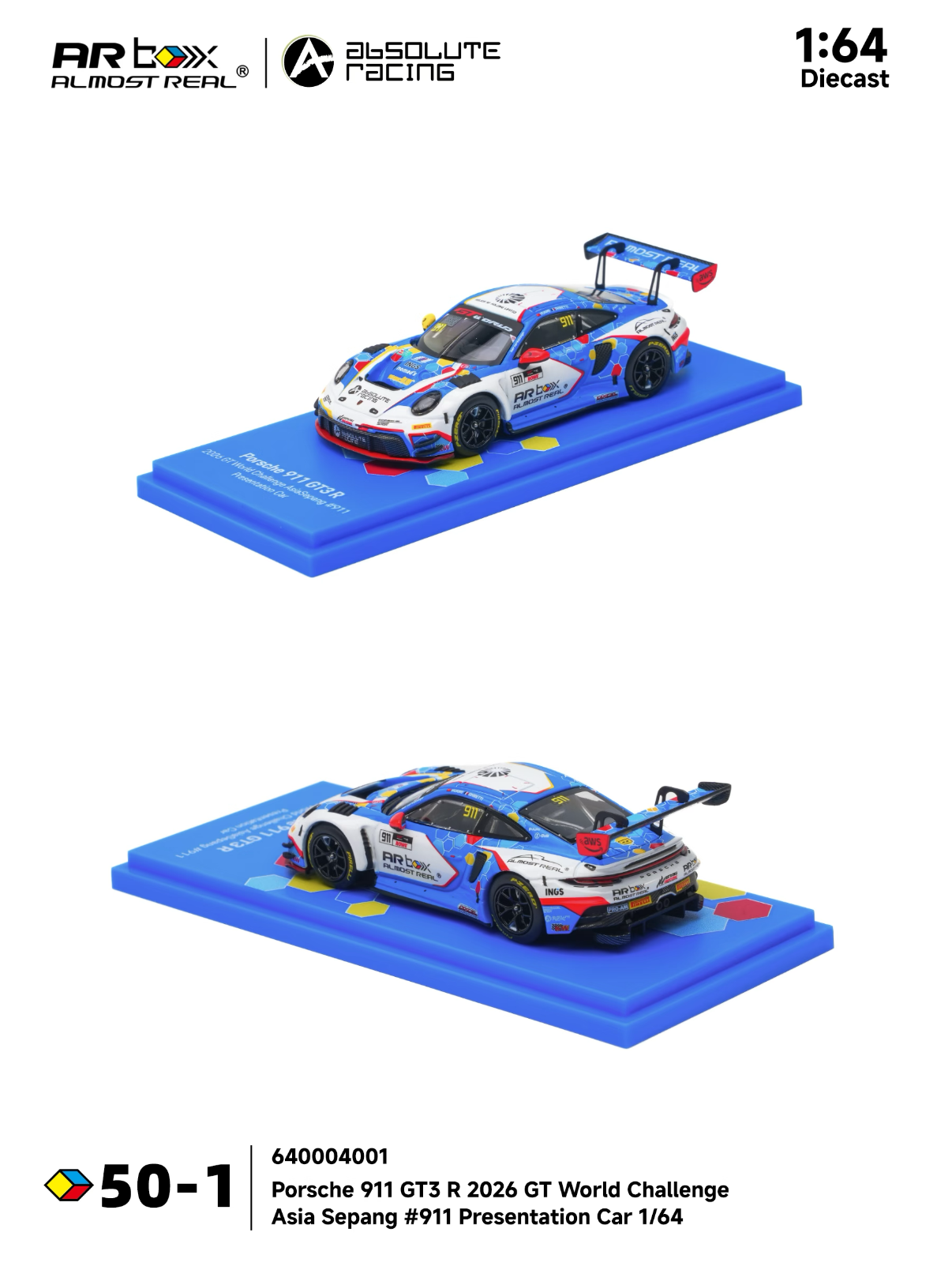 Almost Real ARBox Porsche 911 GT3 R 2026 GT World Challenge
Asia Sepang #911 Presentation Car 1/64