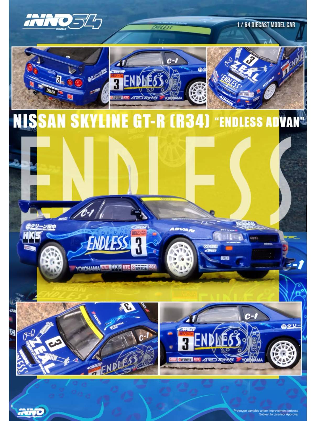 【PRE-ORDER】INNO64 1:64 Nissan Skyline GT-R (R34) #3 "ENDLESS ADVAN" Super Taikyu Series 2002 Winner