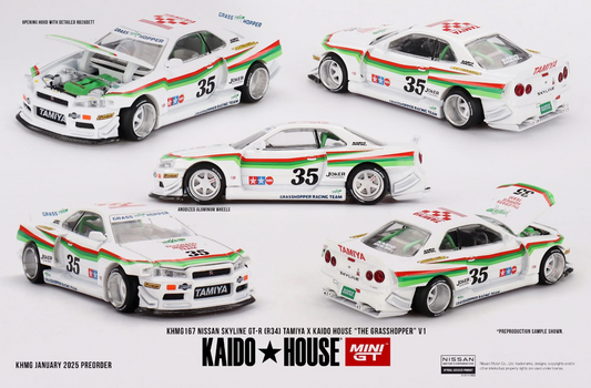 【Pre-Order】MINI GT X Kaido House KHMG167 NISSAN SKYLINE GTR(R34) TAMIYA X KAIDO HOUSE “THE GRASSHOPPER” V1