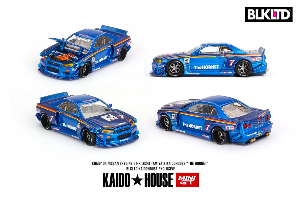 MINI GT x Kaido House BLK Nissan GTR34 The Hornet Blue