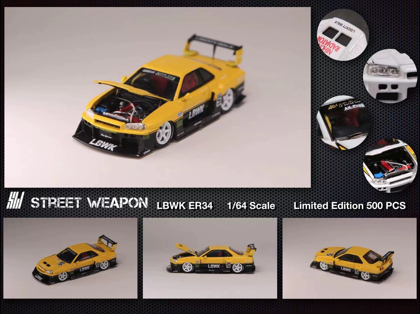 STREET WEAPON  1/64 NISSAN SKYLINE GT-R R34 LBWK - Yellow