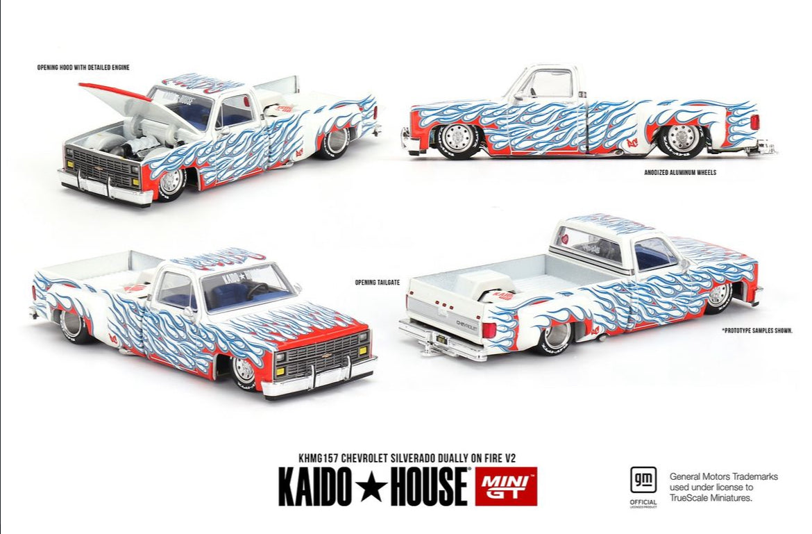 MINI GT x Kaido House #157 Chevrolet Silverado Dually on Fire V2