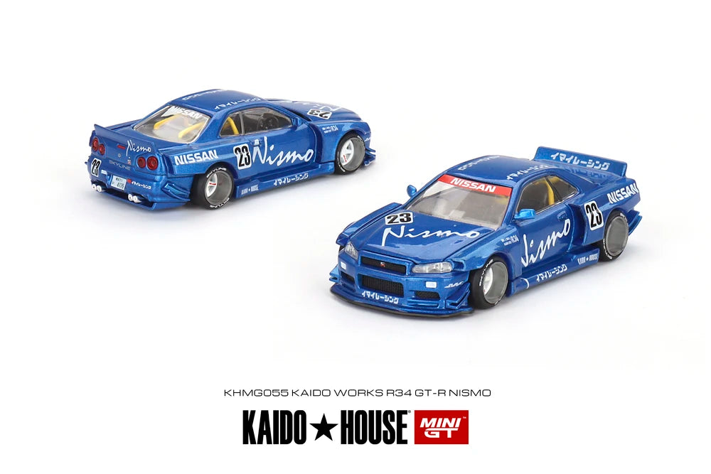 MINI GT x Kaido House #055 Nissan Skyline GT-R (R34) Kaido Works V3 Blue