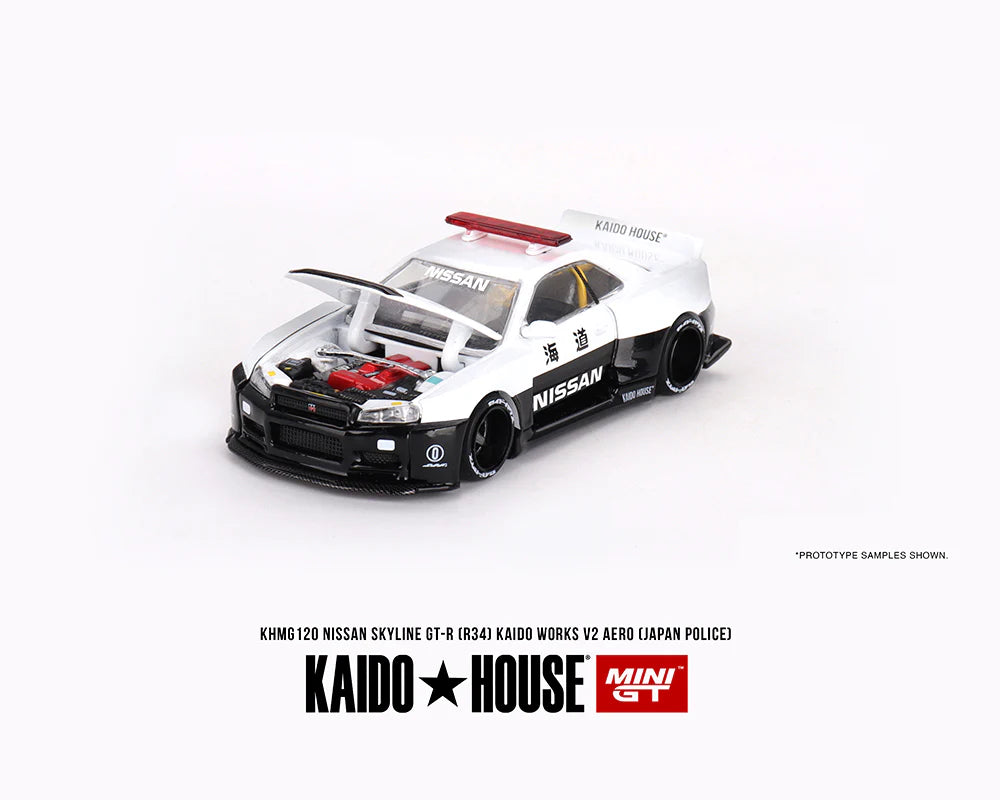 MINI GT x Kaido House #120 Nissan Skyline GT-R R34 Kaido Works (V2 Aero) Police