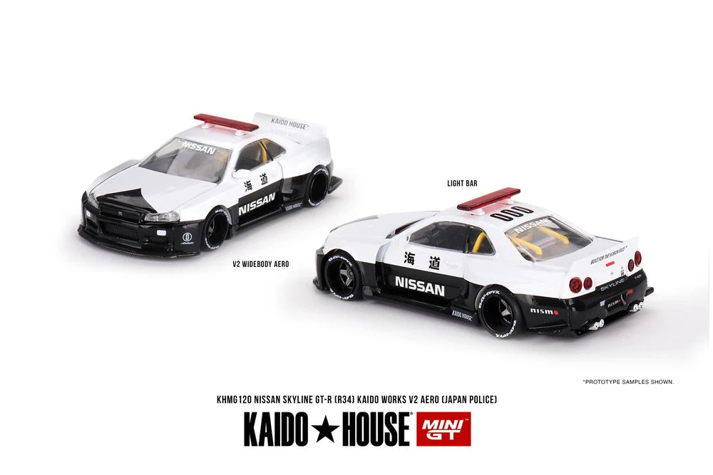 MINI GT x Kaido House #120 Nissan Skyline GT-R R34 Kaido Works (V2 Aero) Police