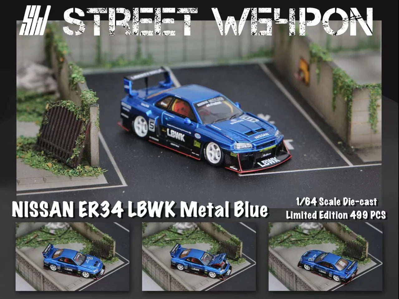 STREET WEAPON  1/64 NISSAN SKYLINE GT-R R34 LBWK - Metallic Blue