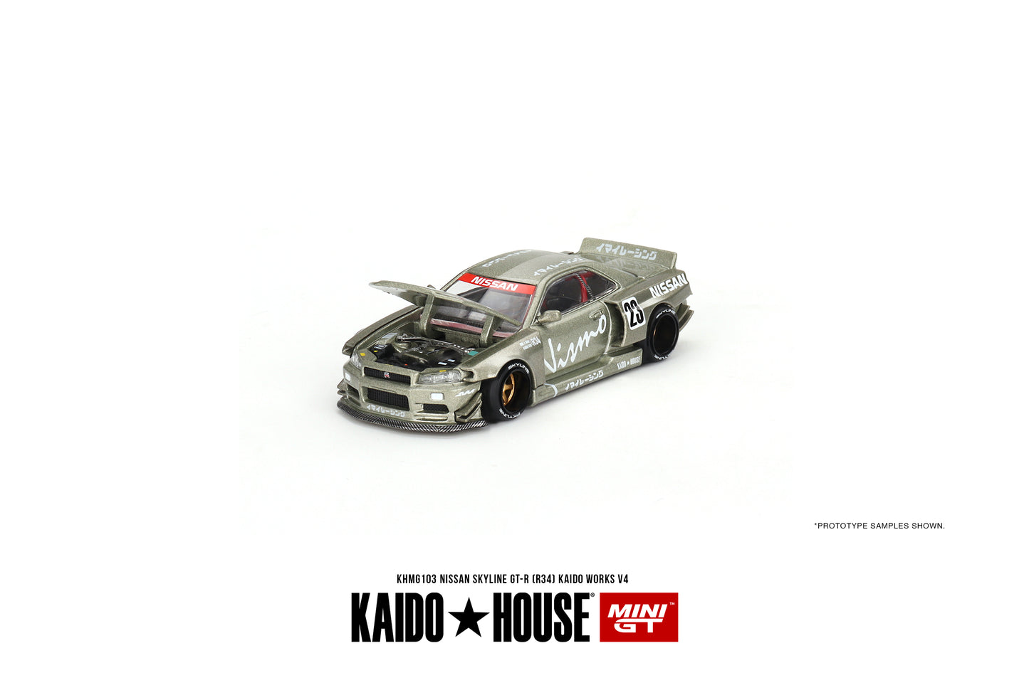 MINI GT x Kaido House #103 Nissan Skyline GT-R (R34) Kaido Works V4 Olive Green