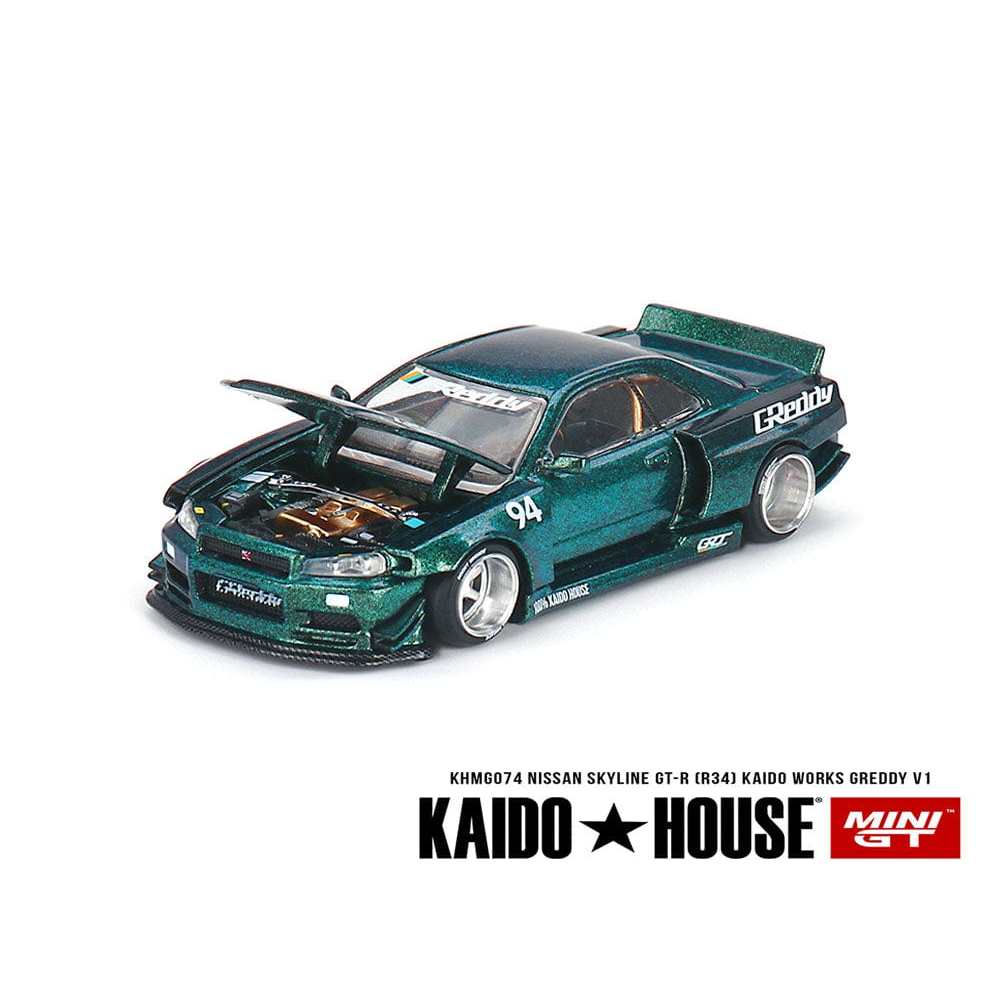 MINI GT x Kaido House #074 Nissan Skyline GT-R (R34) Kaido Works V1 Dark Green